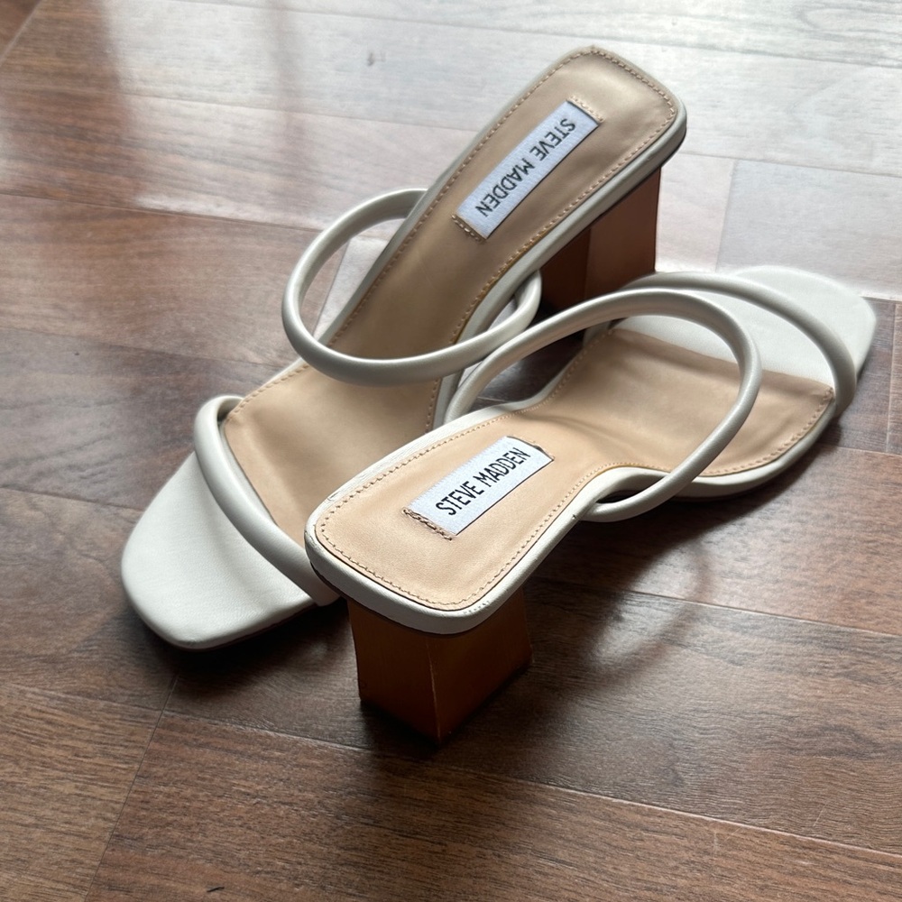 Steve Madden White and Tan Heeled Sandals